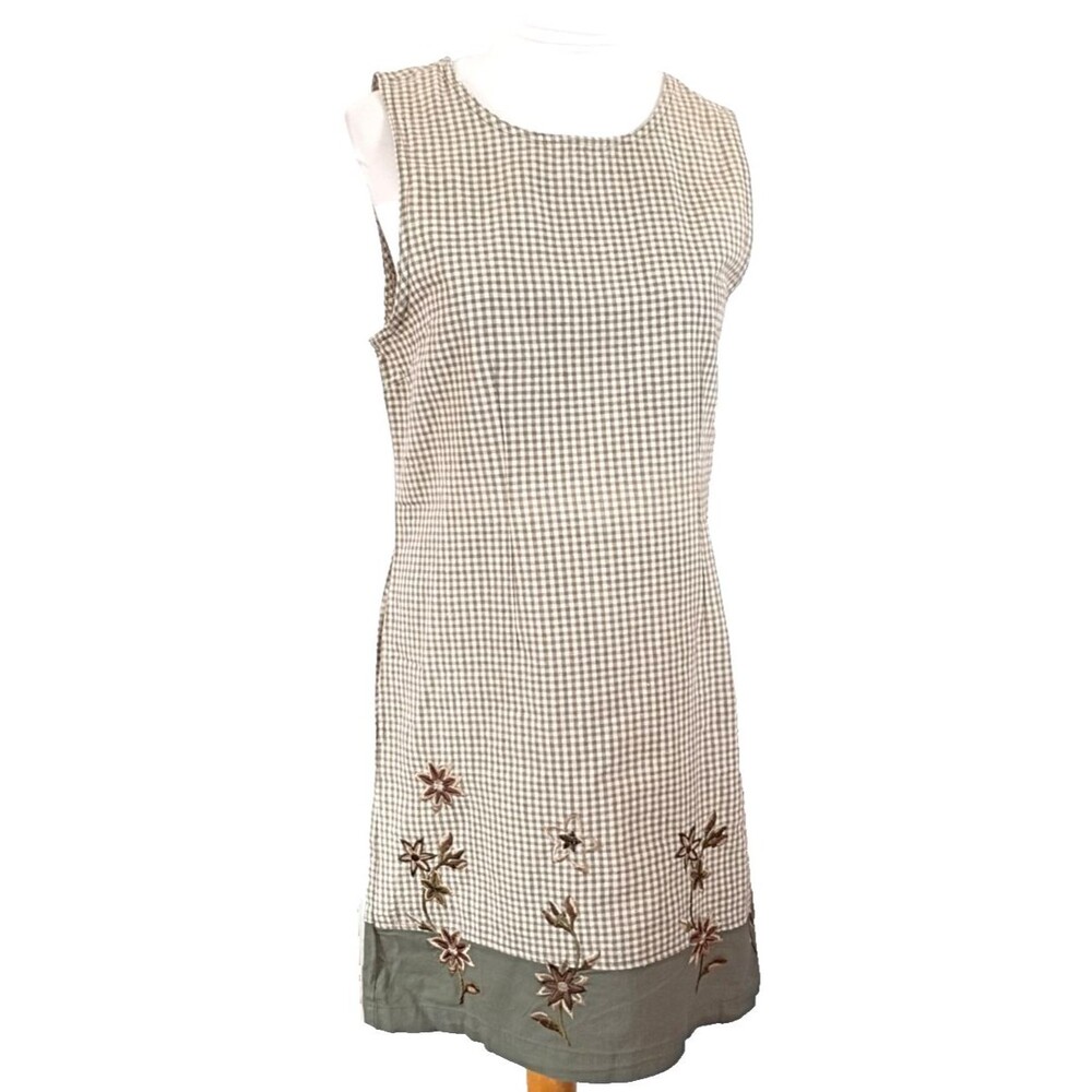 Keren Hart Green Checked Sleeveless Embroidered Hem Dress Size M New with Tags